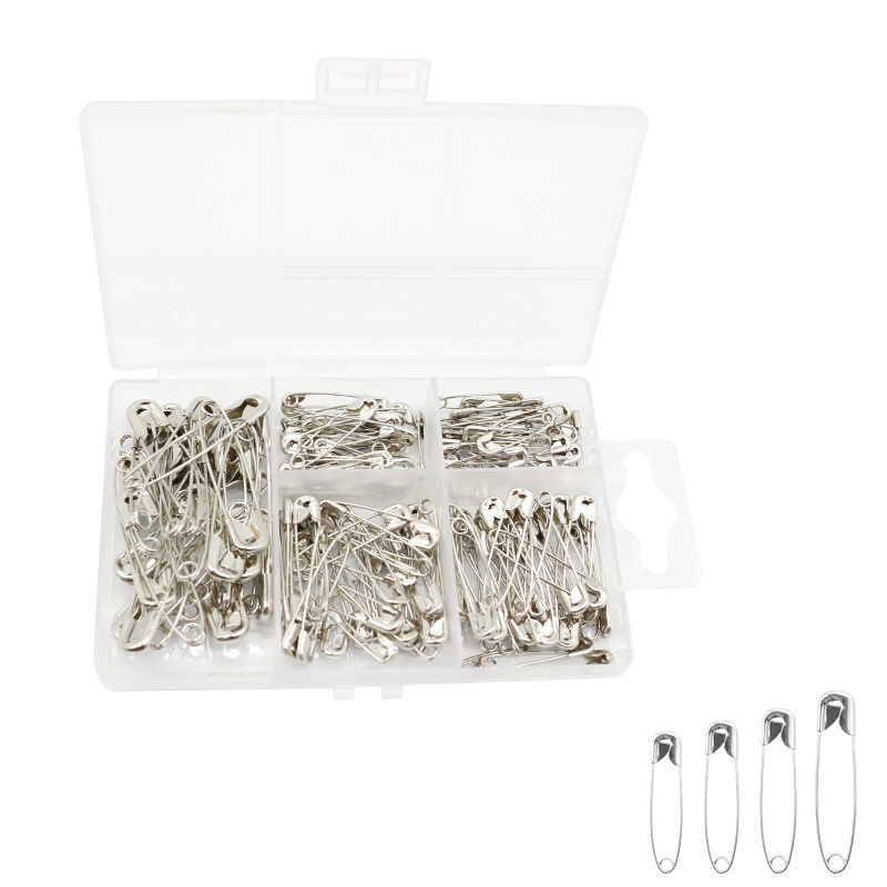 150 safety pins suit five-compartment box nickel-plated metal pins household multi-size fixed small buckle