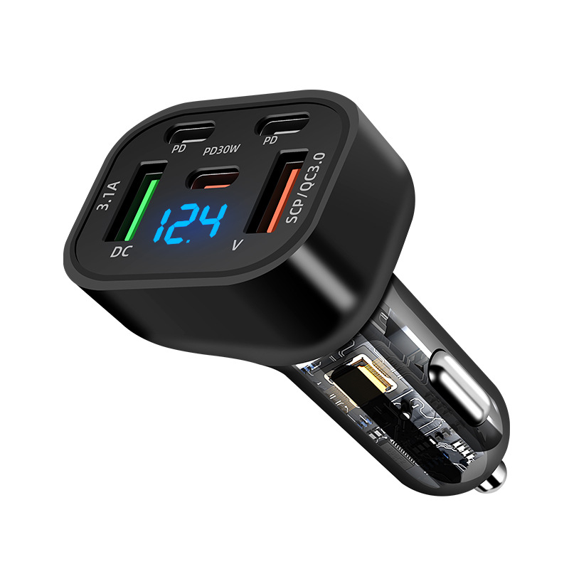 Cross-border new super fast charging multi-port digital display car charger 100WQC3.0 digital display perspective car fast charging