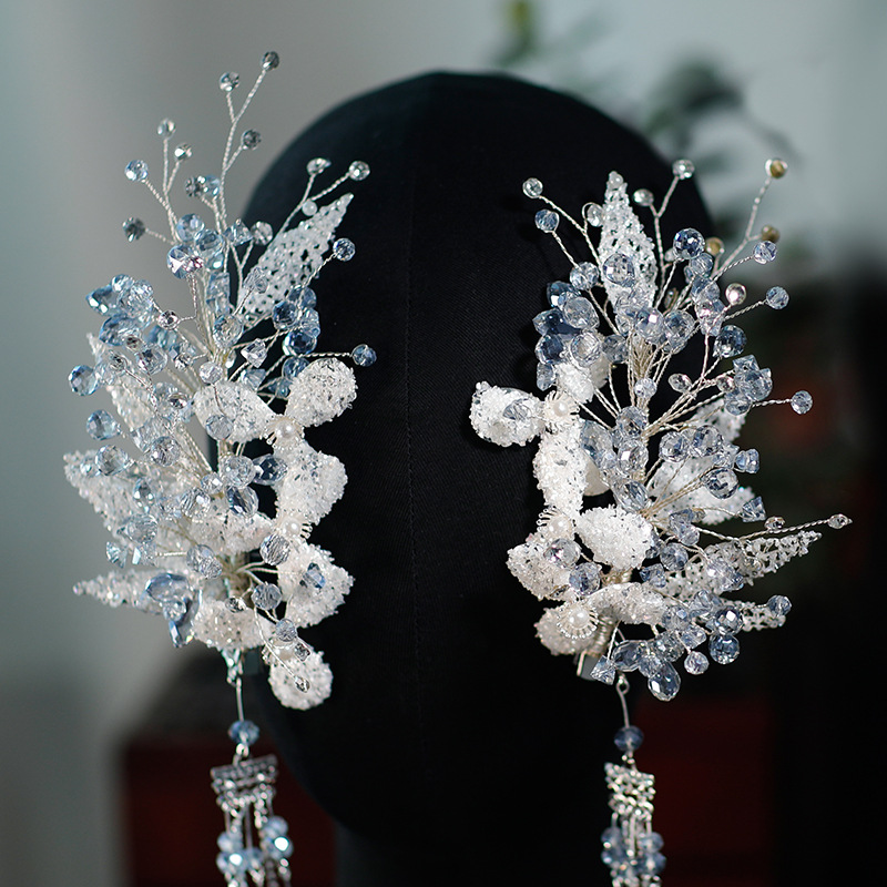 Fashion New High-grade Blue Grey Gold Silk Petal Zircon Crystal Tassel Bridal Hair Accessories Earrings Bridal Dress Accessories