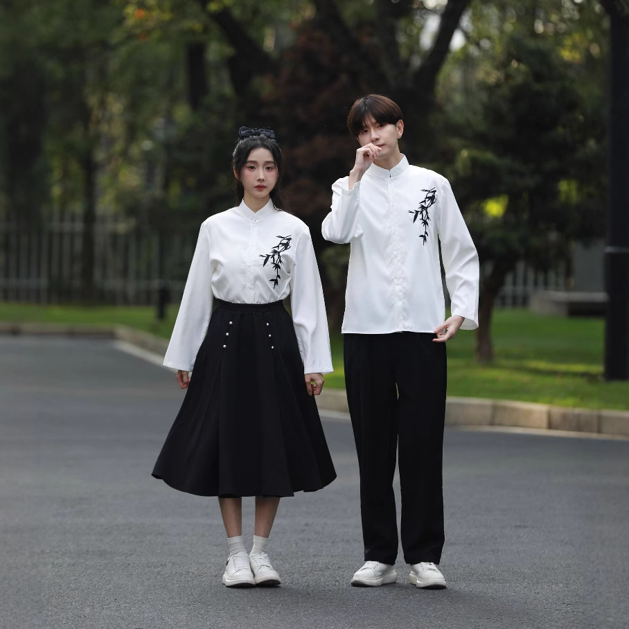 Summer Han Dynasty Chinese Style Ink Bamboo Embroider Choir Performance Clothing Junior High School Students Poetry Recitation School Uniform Class Uniform Suit