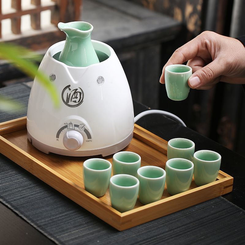 Electric Wine Warmer, Wine Kettle, Constant Temperature Control, Household Half-Pound Japanese Retro Ceramic Wine Set Tray Set