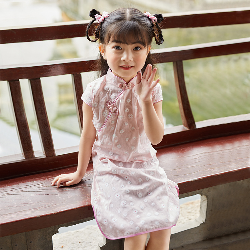 Платье чонгсам для девочек 2024 летнее новое детское ханьфу хлопковое платье западный стиль китайский стиль детская одежда
