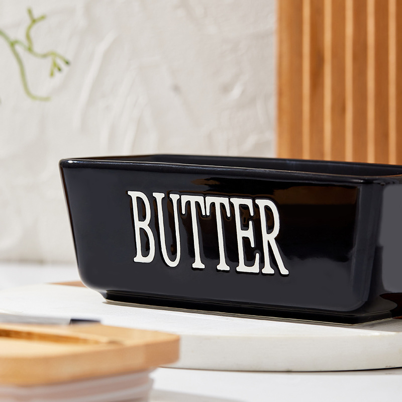 Creative Black Ceramic Butter Box with Knife Home Kitchen Sealed Storage Box Butter Packaging Storage Box Wholesale