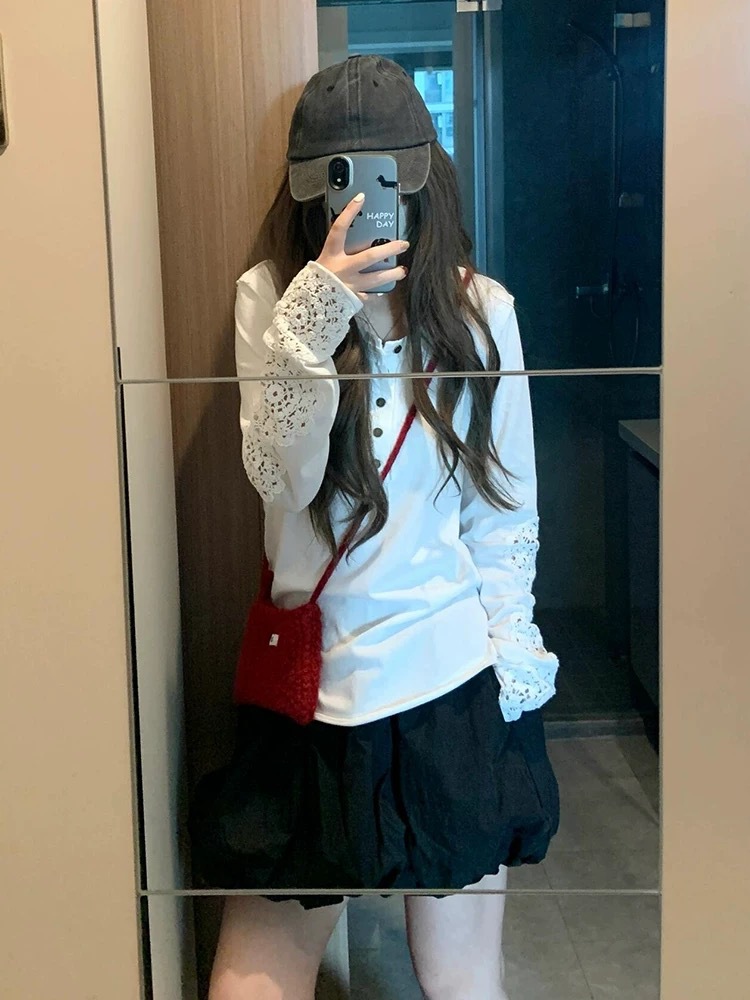 Korean-style Japanese-style sweet cool niche design hemming hollow sleeve lace stitching lace sunscreen polo shirt direct sales