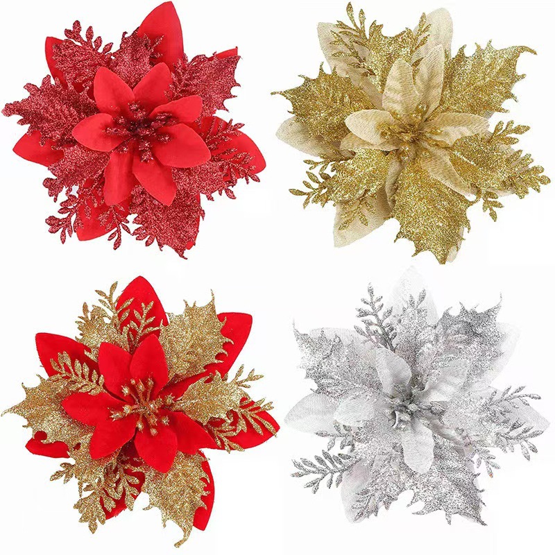 Gold Powder Christmas Flower Christmas Tree Decorations Accessories Christmas Wreath Ornaments Christmas Decoration Flower Head Fake Flowers Wholesale