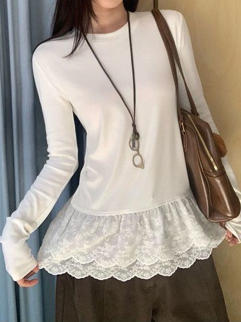 White Lace Inner Layering Shirt for Women 2025 Autumn and Winter Layered Korean Fashion Long-Sleeved T-Shirt Top