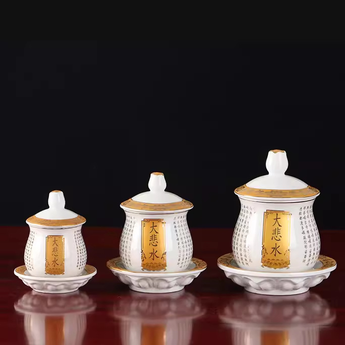 Ceramic Great Compassion Water Supply Cup Gold-painted Holy Water Cup Buddha Front Guanyin Buddha Tools Buddha Hall Supplies Buddha Water Purification Cup Chinese Style
