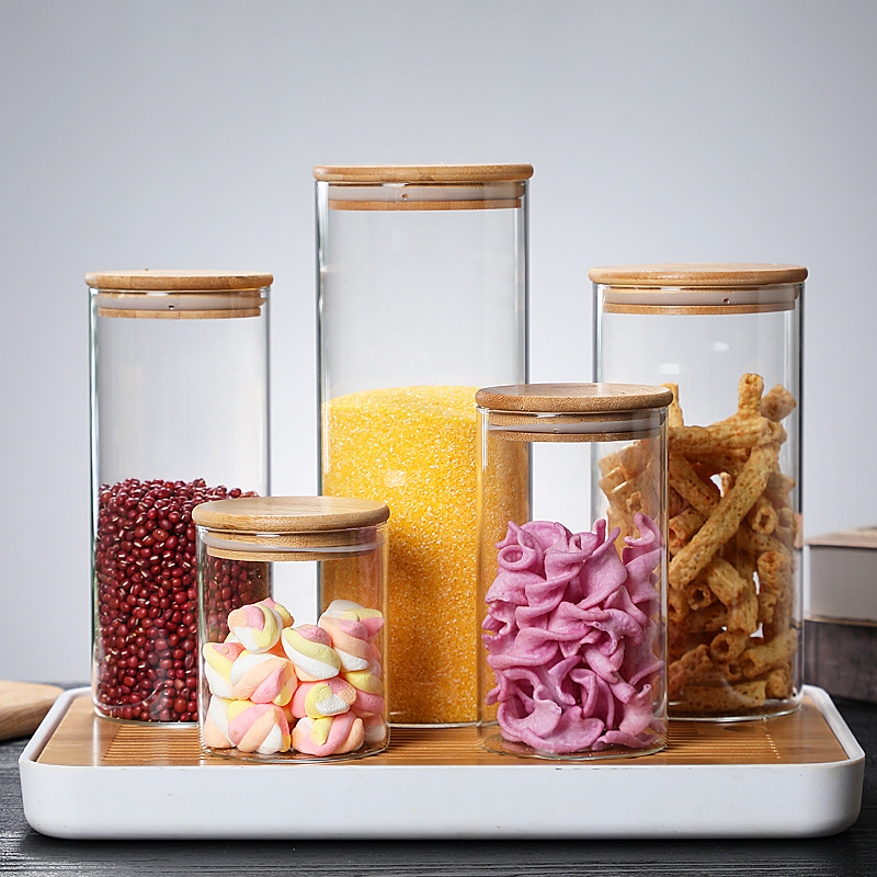 Bamboo Wood Lid Glass Tea Storage Tank Kitchen Seasoning Sealed Tank Household Transparent Glass Coarse Grain Storage Tank