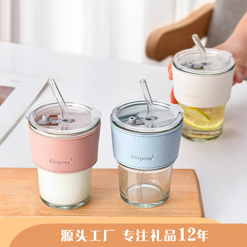 Creative Ins Style Coffee Cup Office Insulated Bamboo Glass Straw Cup with Lid Wholesale Portable Cup