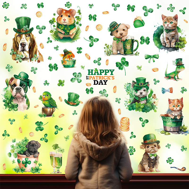 Irish St. Patrick's Day Shopping Mall Shop Window Decoration Electrostatic Window Stickers Four-Leaf Clover Wall Stickers Customization