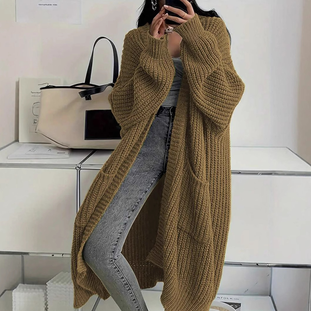 Korean Style Elegant Long Over-The-Knee Sweater Cardigan for Women Autumn and Winter New Style Lazy Style Loose Thickeneded Knitted Jacket for Women Trendy
