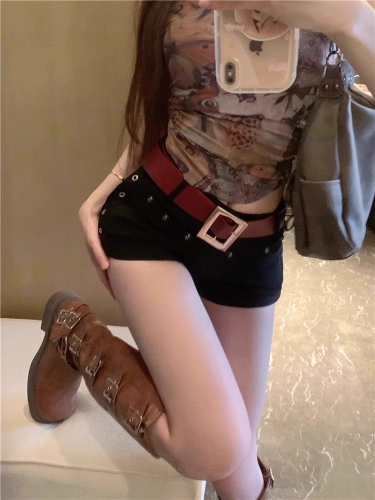 American Style Spice Girls Y2K Rivet Denim Shorts Women's Summer Small Low Waist Slim-fit Sexy Hip Hot Pants