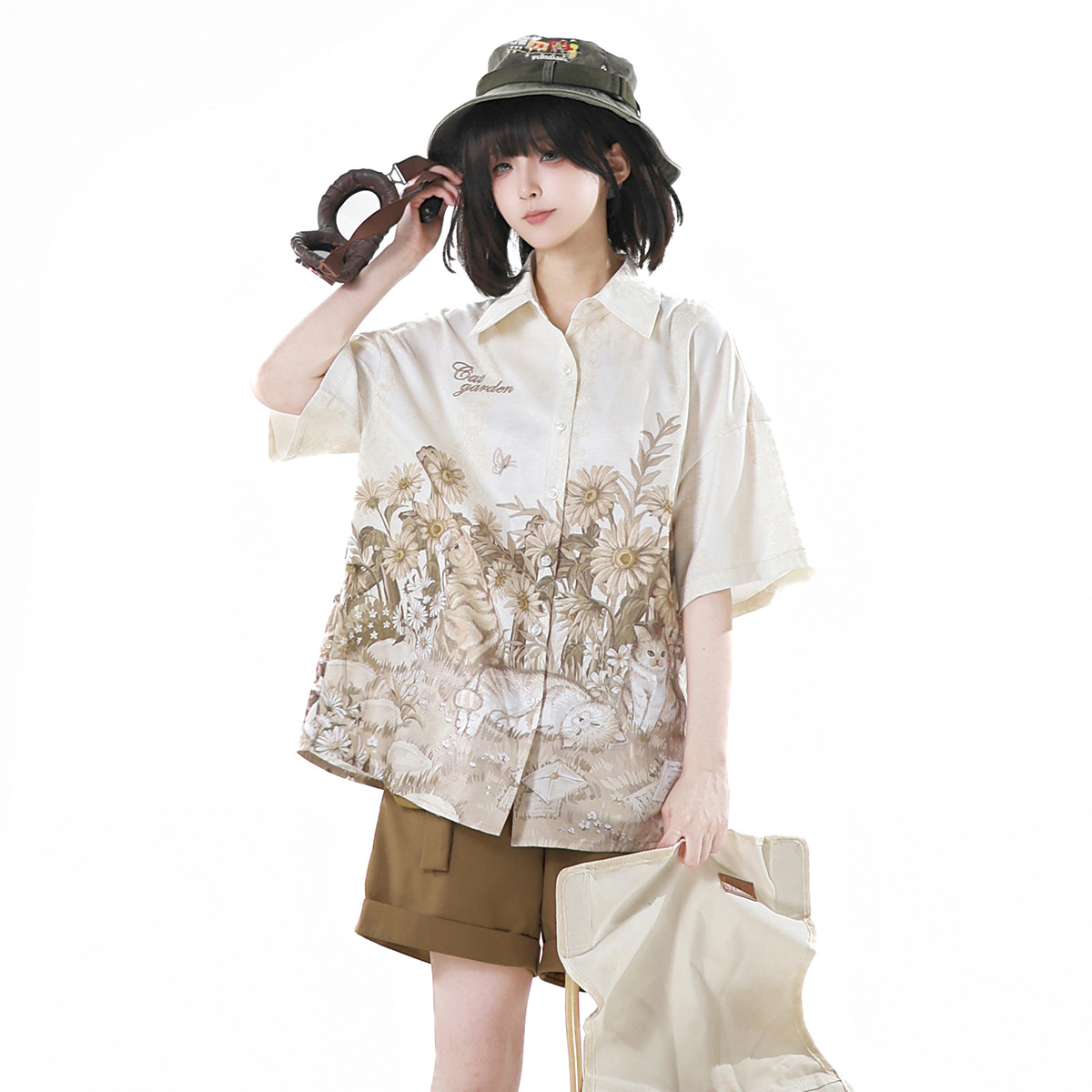 Yimengge Original Design Garden Cat Chinese Style New Chinese Style Women's Shirt Suspender Shorts Suit 9604