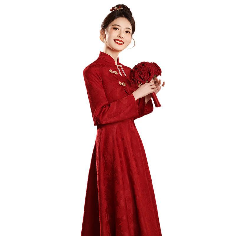 New Chinoiserie Cheongsam Toast Dress Bride 2025 New Red Engagement Suit Out of the Pavilion Long-Sleeved Dress Dress