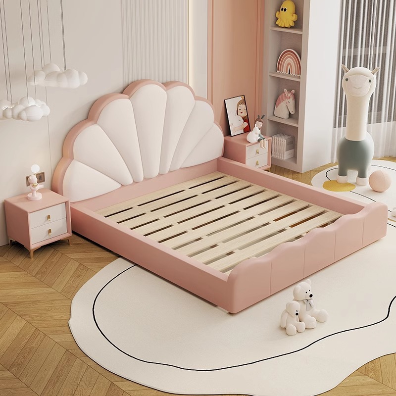 Children's Bed Girl European Accessible Luxury Petal Princess Bed Bedroom Modern Simple Boy Solid Wood Soft Bag Single Leather Bed
