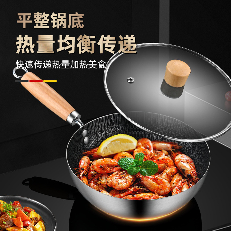 Thickened Stainless Steel Non-stick Pan Wok Household Fried Egg Pan Wok Uncoated Non-stick Honeycomb Wok Steak Pan