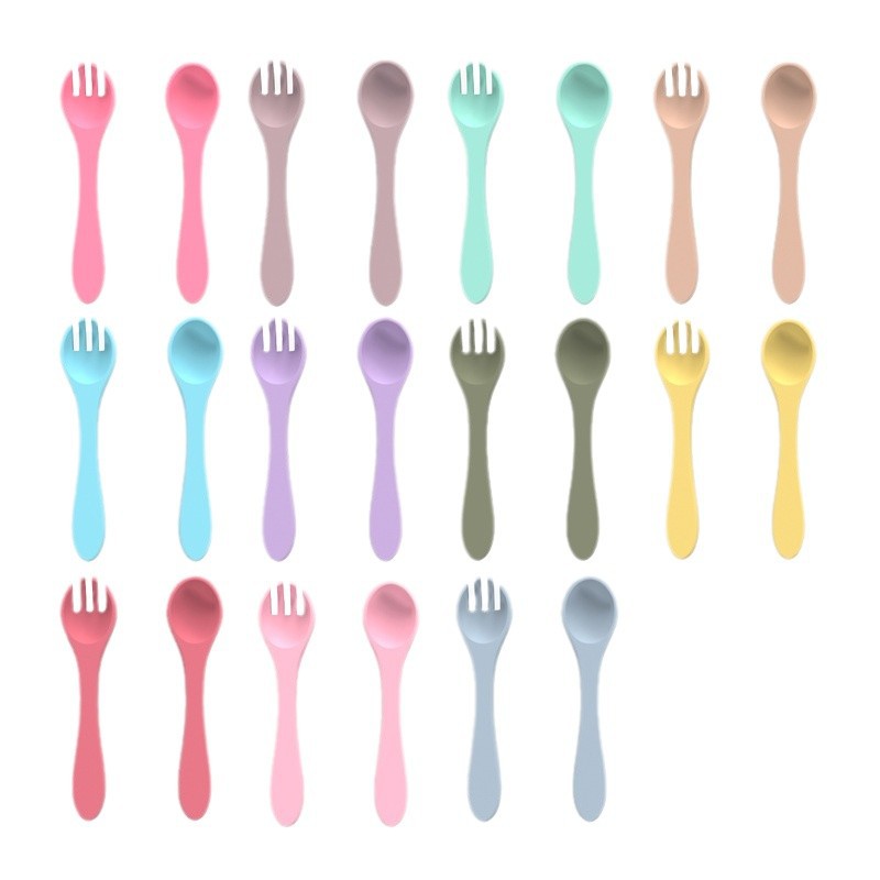Silicone Spoon Baby Self-feeding Eating Training Soft Spoon Baby Supplementary Food Wooden Handle Fork Spoon Silicone Supplementary Spoon