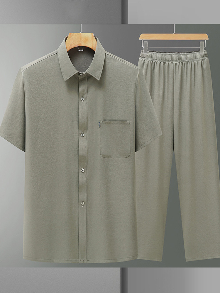Men's Summer Middle-aged Dad Shirt Men's Cotton and Linen Short-sleeved Trousers Chinese Style suit Thin Loose suit