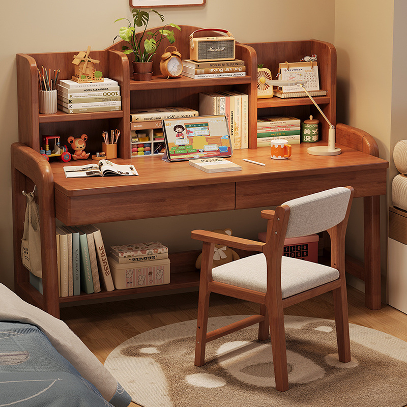Стол из массива дерева, ручная регулировка, стол для учеников средней школы с книжной полкой