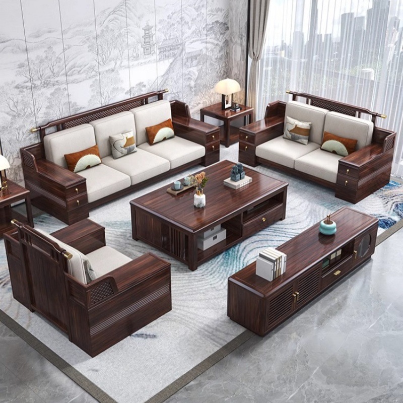 New Chinoiserie Ebony Solid Wood Sofa Home Living Room Large Apartment Fabric Large Sofa Imperial Concubine Winter and Summer Dual-Use Storage