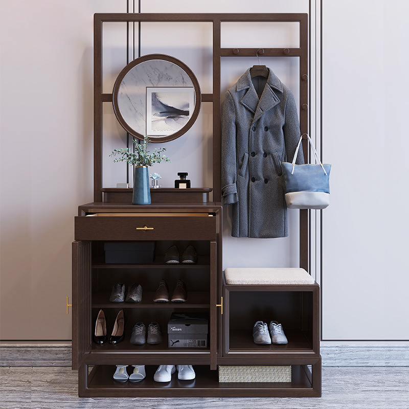 New Chinese Style Solid Wood Entrance Cabinet Foyer Entry Shoe Cabinet Multi-Functional Storage Living Room Clothes Hanger Floor-Standing Storage Shoe Changing Stool