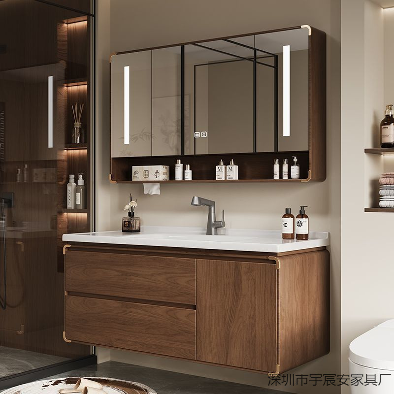New Chinese Style Oak Bathroom Cabinet Ebony Wood Wash Basin Combination Ceramic Integrated Basin Bathroom Washstand