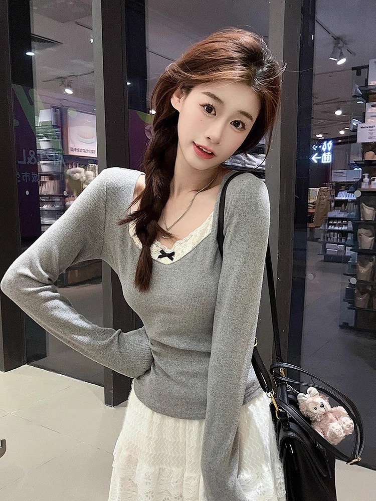 Lace Splicing Brushed Warm Bottoming Shirt Long-Sleeved T-Shirt for Women Autumn and Winter Gray Slim Fit with Velvet Thickeneded Top