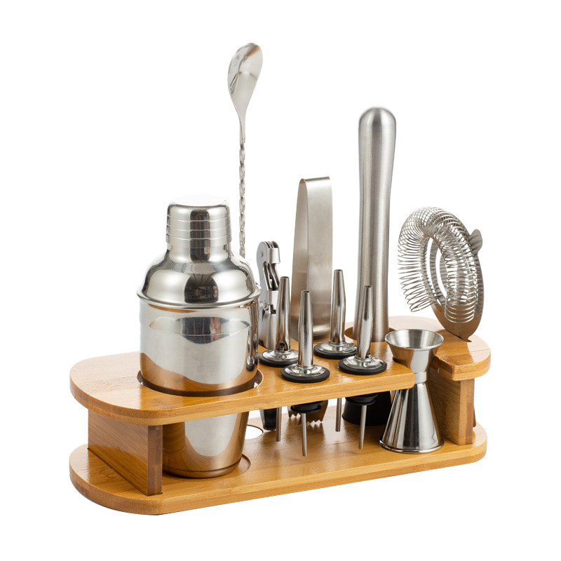 Cross-Border New Mixer Set Bar Shaker Pot Wine Set Bar Tools Stainless Steel Bamboo Rack Tray 12 Sets