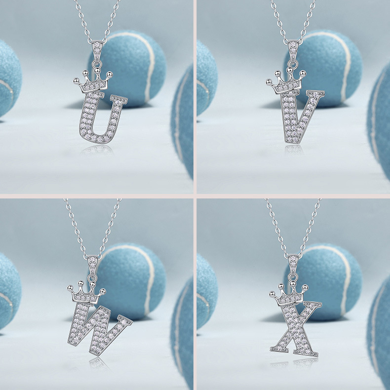 Cross-border Hot Fashion Crown 26 English Letter Pendant Necklace S925 Silver Mosan Men's and Women's Hip-hop Personalized Pendant