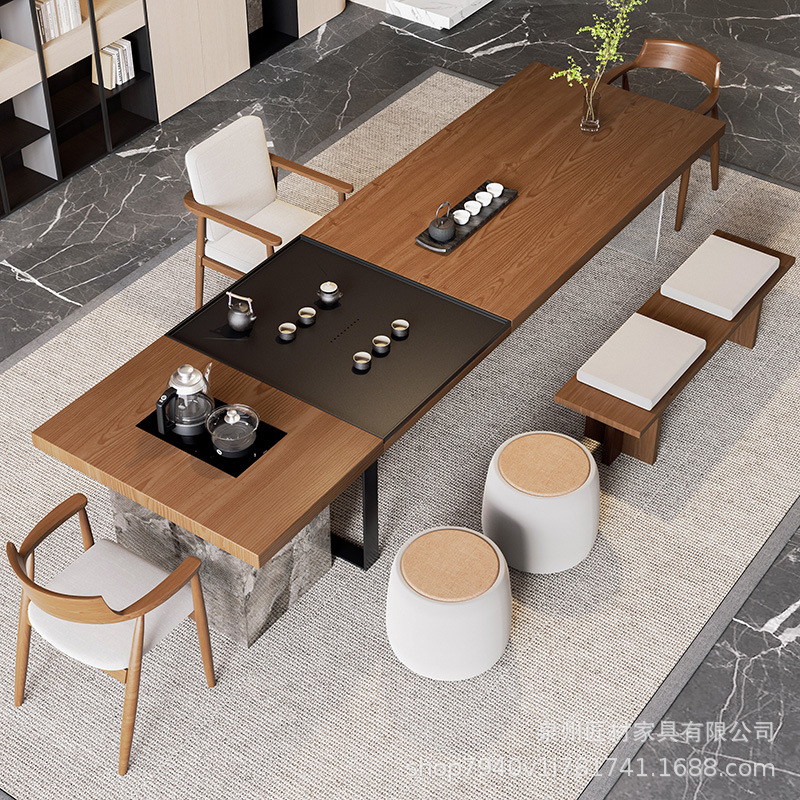 Boss office solid wood tea table big board island table tea table and chair a set of household simple large tea table integrated