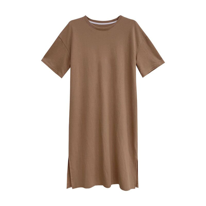 Large size short sleeve casual dress female summer 2023 New loose solid color medium-long over the knee split T-shirt