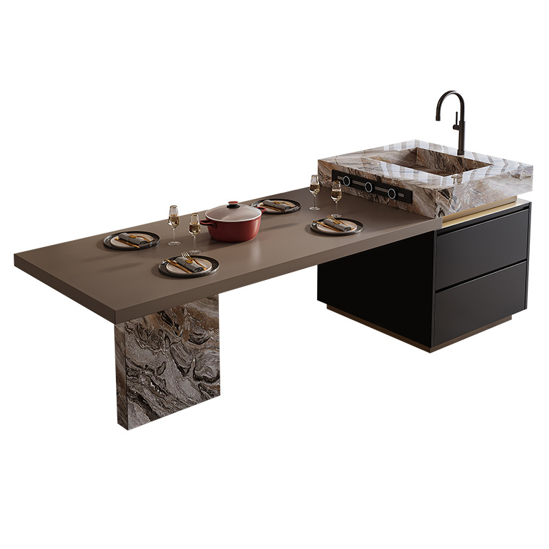 Expandable Island Dining Table with Integrated Rock Slab, Luxury Stone, Italian Minimalist High-End Small Apartment, Customizable