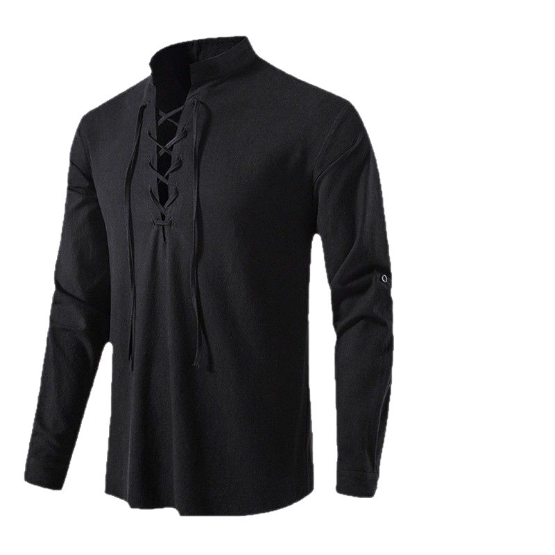 Spring and summer 2022 new cross-border Amazon men's cotton and linen Henry shirt foreign trade European size long sleeve casual stand collar shirt