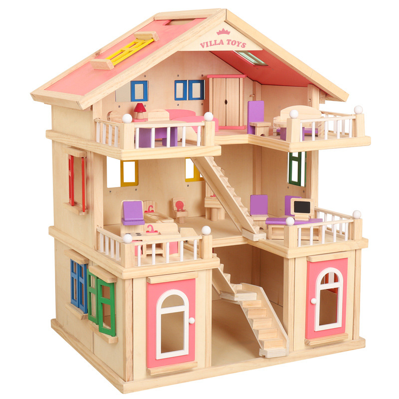 Children's Educational Playhouse Girl's Villa Dollhouse Wooden Pretend Play Princess Toy House Castle Indoor Solid Wood