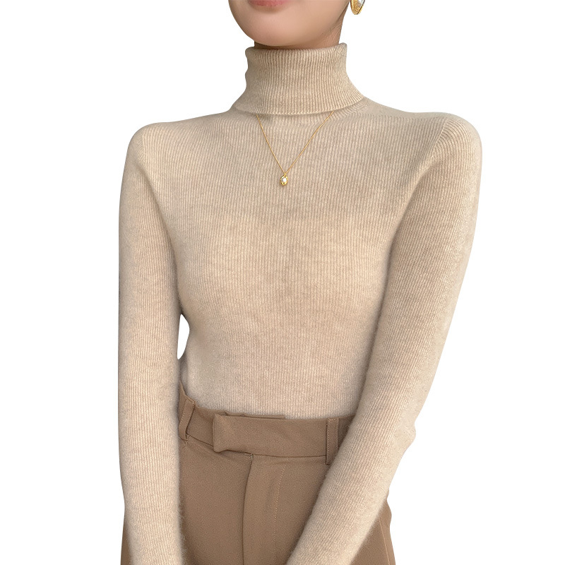 First-Line Garment Seamless 100 Pure Wool Turtleneck Base Shirt Women's Autumn and Winter Slim-Fit Piled Collar Knitted Slim Sweater