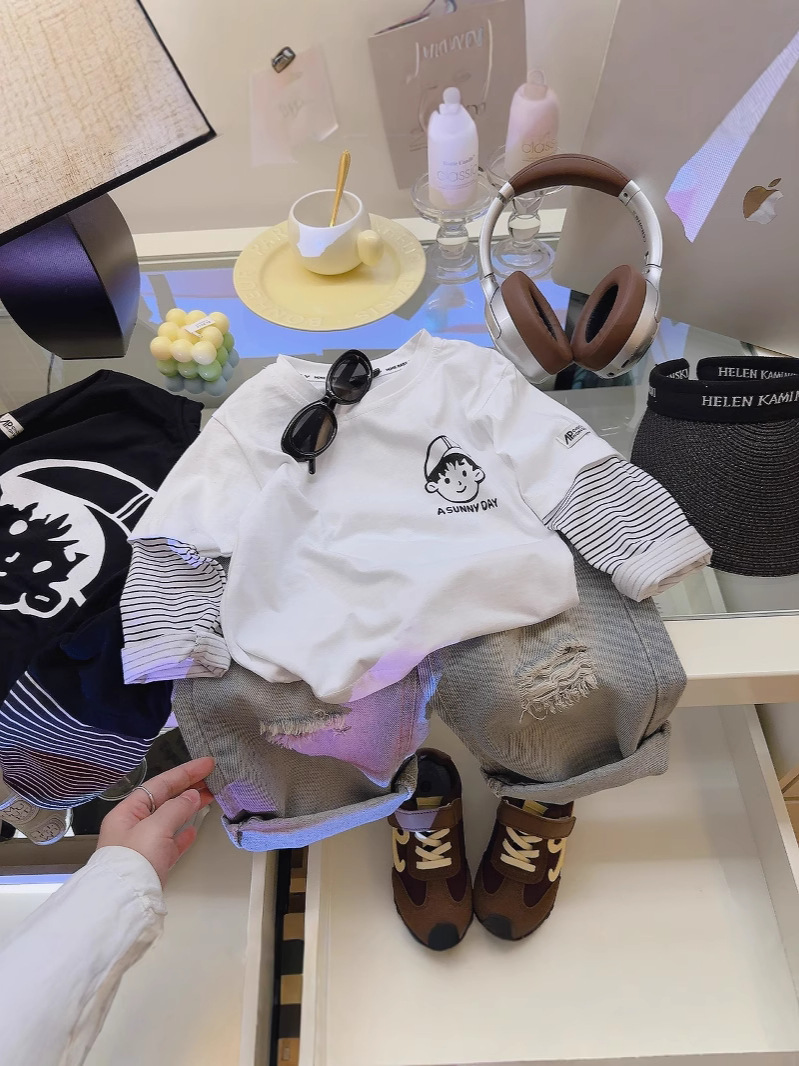 Boys' T-shirt long sleeve fake two-piece new children's spring and autumn baby clothes base shirt trendy t