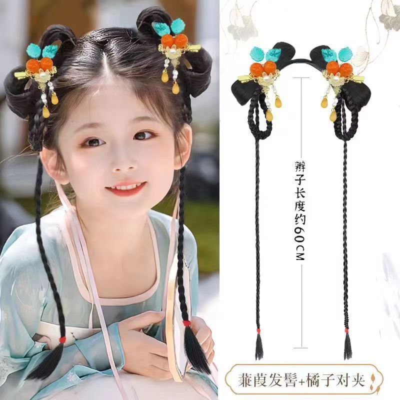 Children's Hanfu Wig Antique Integrated Style Bow Ancient Suit All-match Hair Pack Headwear Stage Performance Hair Disc