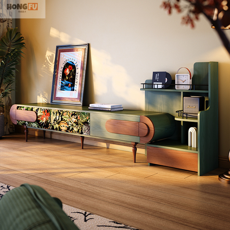 French Retro Solid Wood Tv Cabinet Floor-Standing Small Apartment Living Room Antique Style Combination Ash Wood Floor Cabinet Complete Set