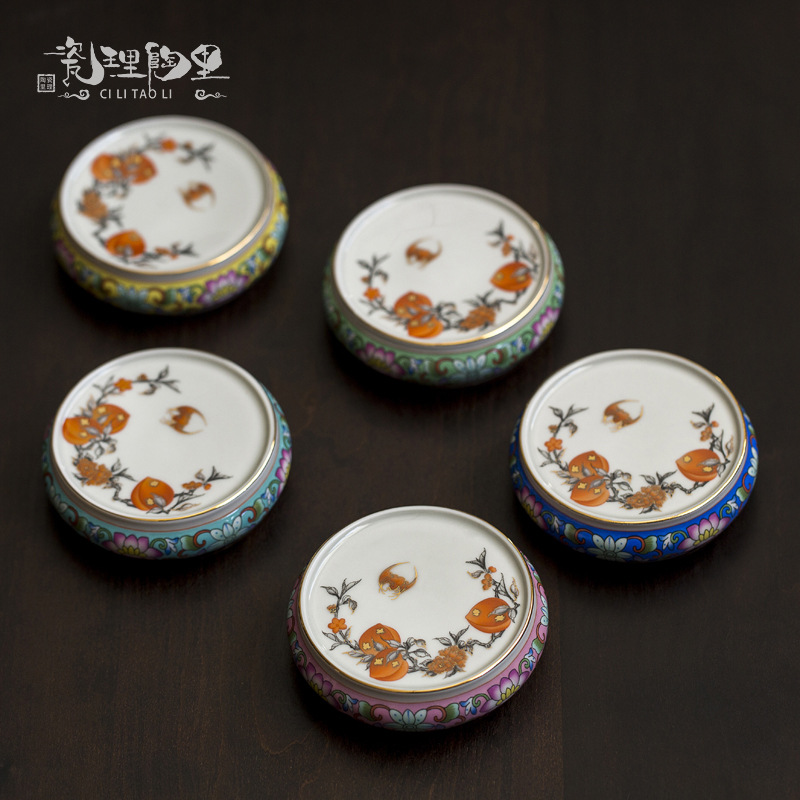 Ceramic Cover Enamel Color Cover Holder Kung Fu Tea Set Accessories Coaster Ornaments Cup Holder Retro Round Tea Coaster Pad Blue and White