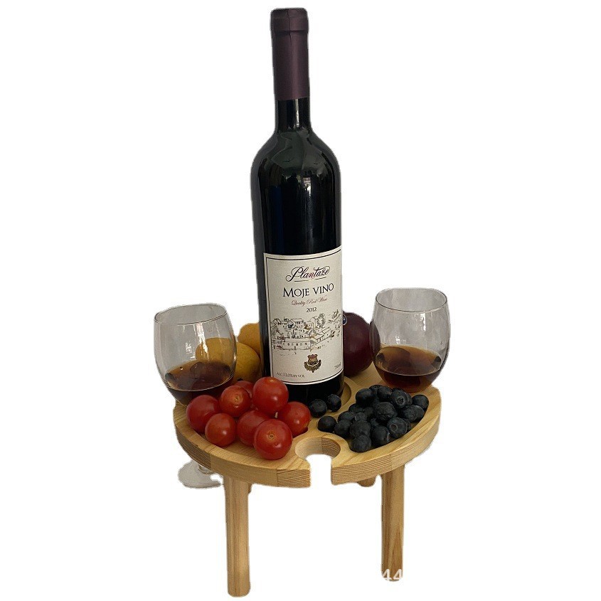 Outdoor Solid Wood Picnic Tray Wooden Portable Camping Divided Round Dinner Plate Foldable Round Table Wooden Wine Rack