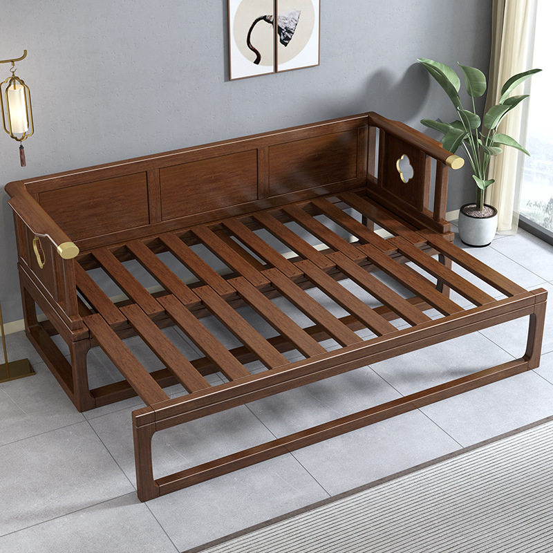 New Chinese Solid Wood Rohan Bed Walnut Small Apartment Telescopic Push-pull Bed Sofa Bed Multifunctional Tea Bed Rohan Chair