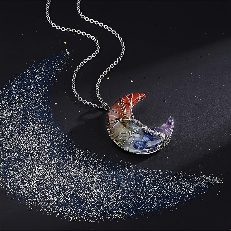 Life Tree Moon Pendant 7 Chakra Healing Crystal Necklace Tree Life