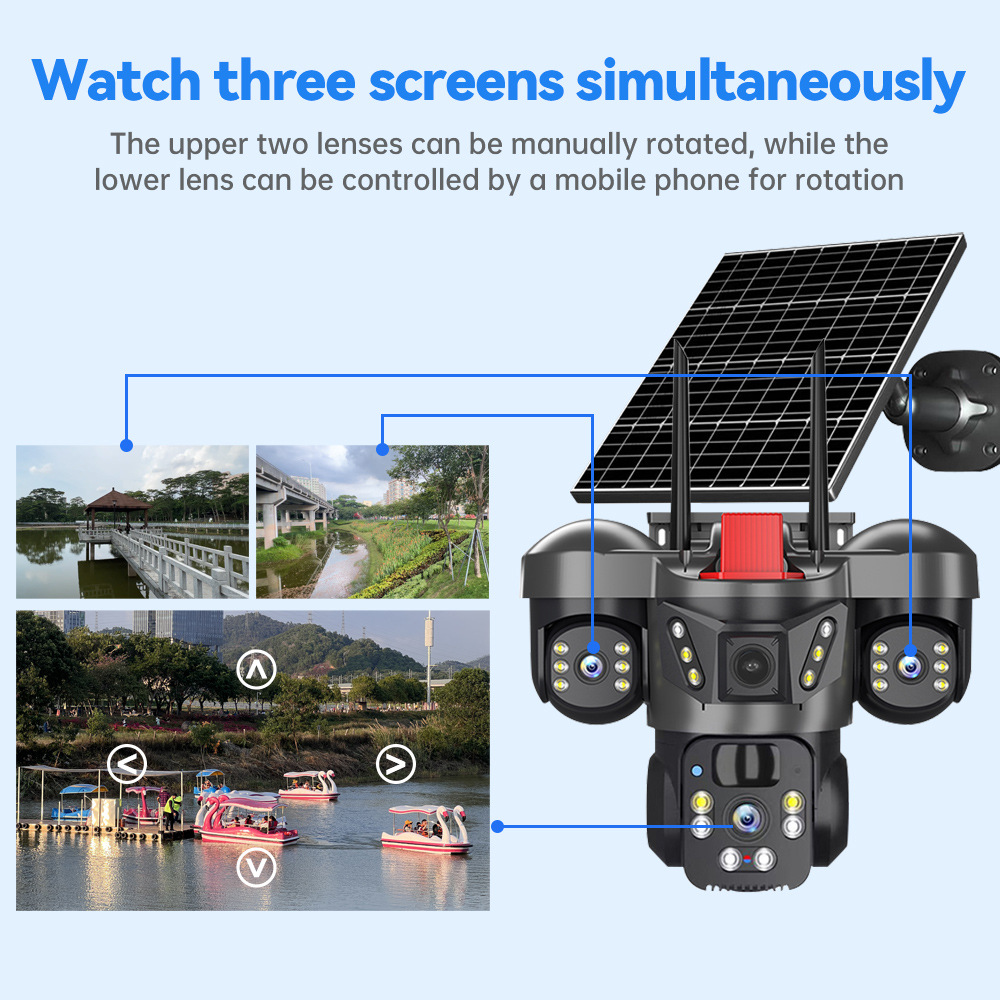 V380 Panoramic 360-Degree Three-Screen Three-Lens Wireless Wifi/4G Solar Camera Monitoring Gun and Ball Integrated