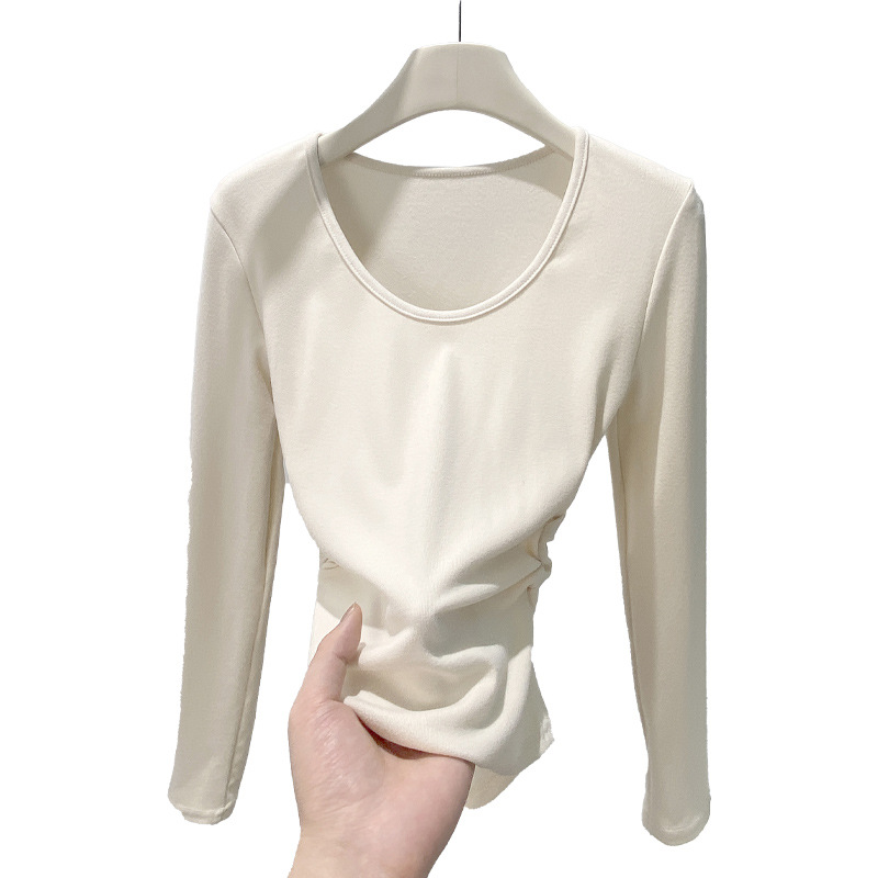 H257 Coconut Fleece Large U-Collar Base Shirt Autumn and Winter Sanding Inner T-Shirt Long-Sleeved Waist Slim-Fit Meat Covering Pleated Top