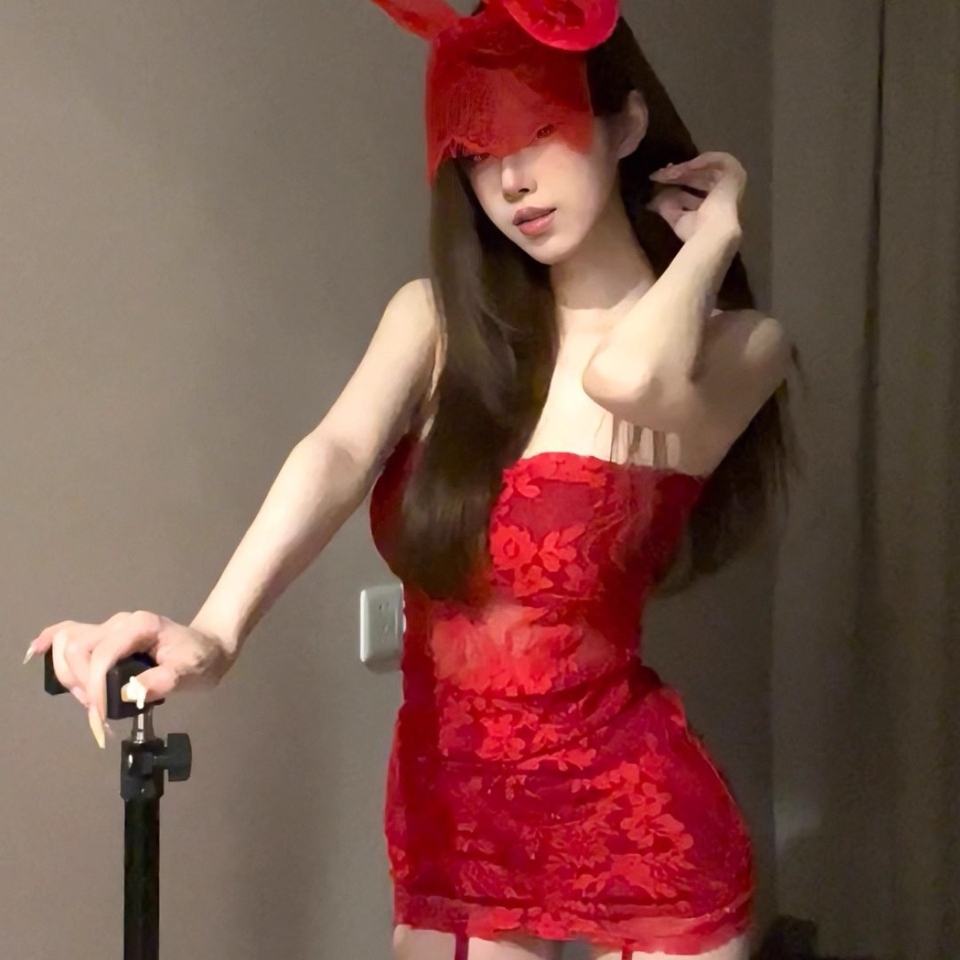Christmas Outfit Sexy Hot Girl Red Pure Lust Style Lace Tube Top Bodycon Skirt Cosplay Bunny Girl Costume