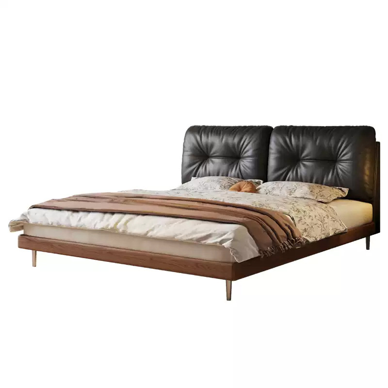 Italian Normcore Cloud Solid Wood Leather Bed, Antique Style Master Bedroom Bed, Retro 1.8m Double Soft-Covered Beech Wood Wedding Bed