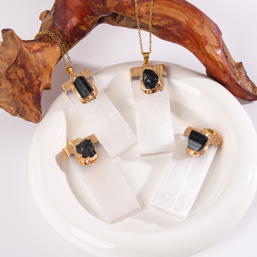 Cross-border natural white gypsum inlaid Black Tourmaline pendant electroplated square raw stone necklace European and American diy jewelry ornaments