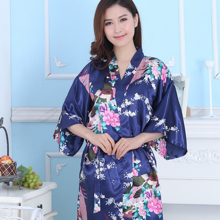 Dropshipping Short Women's Summer Nightgown Multi-Color Silk Single-Piece Kimono Cardigan Bathrobe Peacock Nightgown Pajamas