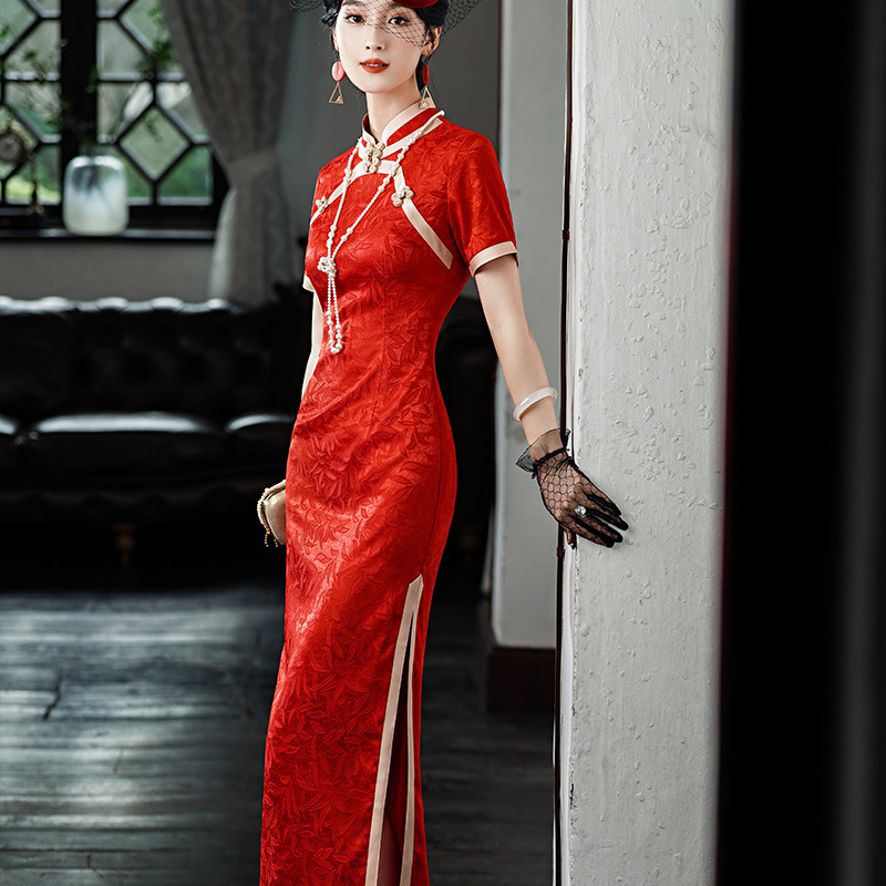 Summer 2023 New Double-sided Jacquard Satin Cheongsam Dress Three-sleeved Long Modified Side Eight-button Double-layer Cheongsam