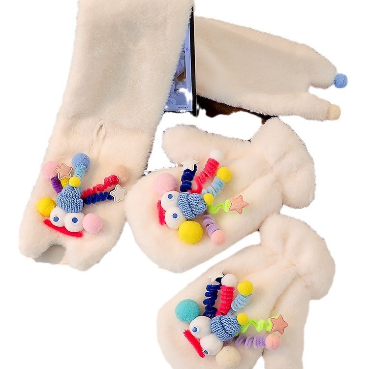 Cute Funny Plush Hanging Neck Gloves Two-piece Set Women's Winter Warm fleece-lined Thickened Anti-freezing Student